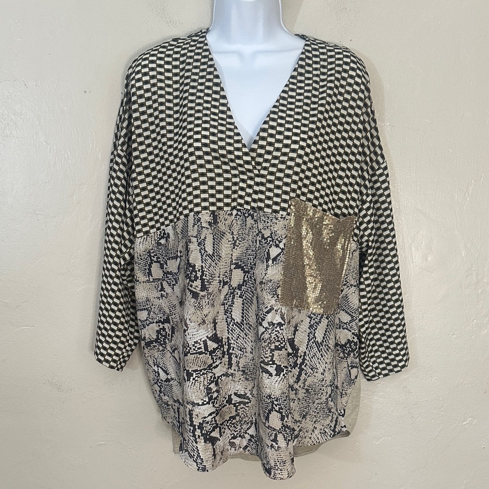 Zara Black and Gold Checkered Blouse